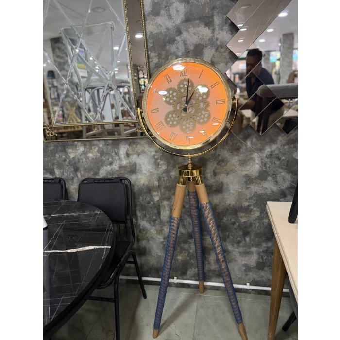 Ledli Tripod Ahşap Ayaklı Dekoratif Saat Döner Çarklı Gold-Meşe