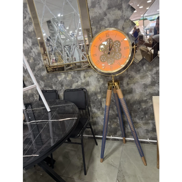 Ledli Tripod Ahşap Ayaklı Dekoratif Saat Döner Çarklı Gold-Meşe