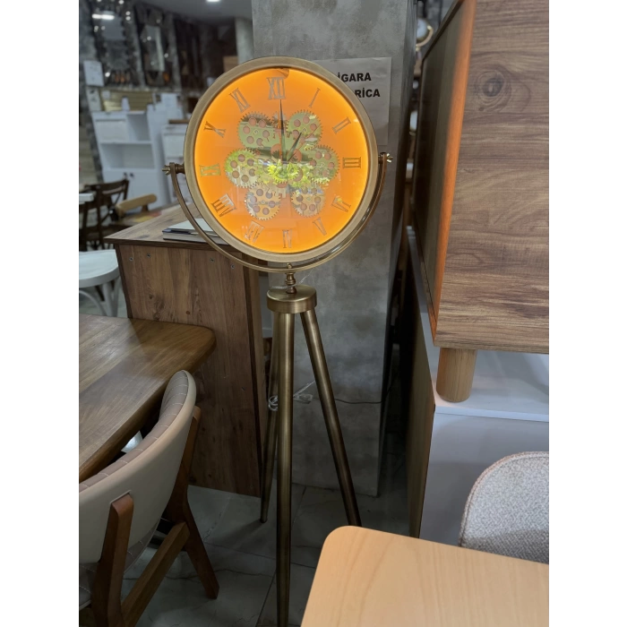 Ledli Tripod Gold Ayaklı Dekoratif Saat Döner Çarklı Gold-Gold