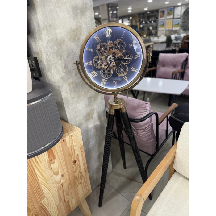 Ledli Tripod Ahşap Ayaklı Dekoratif Saat Döner Çarklı Gold-Siyah