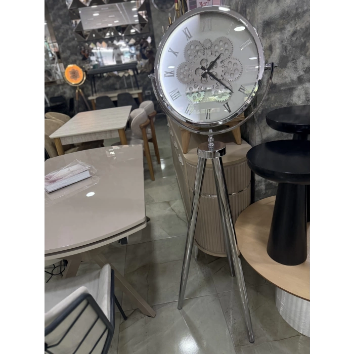 Ledli Tripod Krom Ayaklı Dekoratif Saat Döner Çarklı Krom-Krom