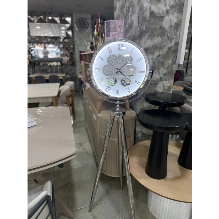 Ledli Tripod Krom Ayaklı Dekoratif Saat Döner Çarklı Krom-Krom