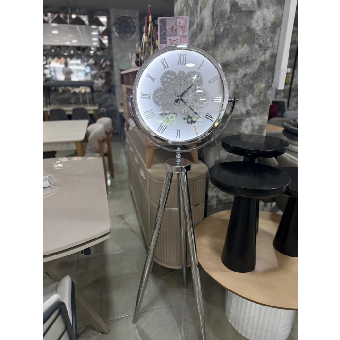 Ledli Tripod Krom Ayaklı Dekoratif Saat Döner Çarklı Krom-Krom