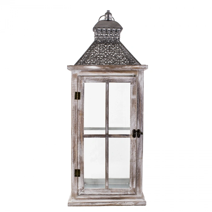 İşlemeli Metal Çatılı İthal Eskitme Ahşap Mumluk Fener 67cm