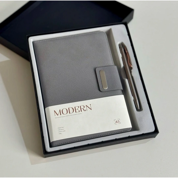 Mıknatıs Kapaklı Kalemli Ajanda Günlük Not Defteri Notebook Gri