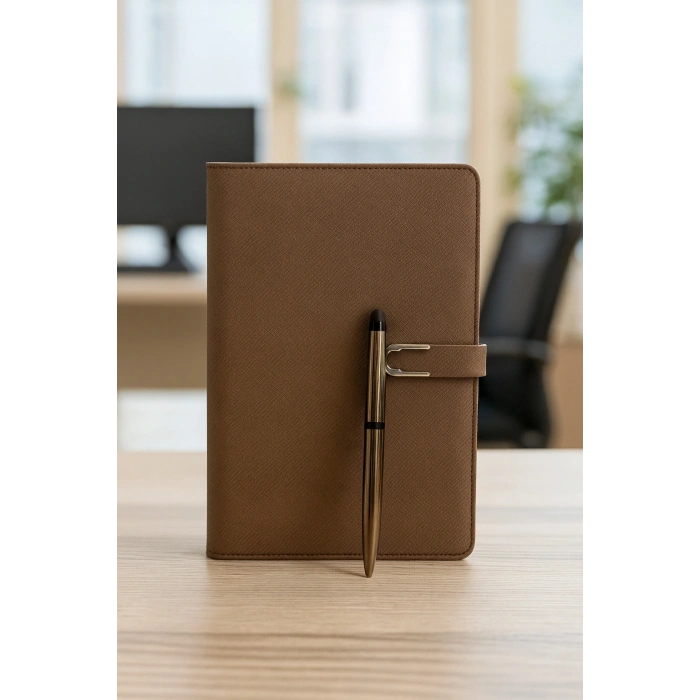 Kumaş Mıknatıs Kapaklı Kalemli Ajanda Günlük Not Defteri Notebook Kahve