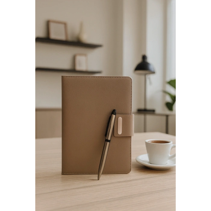 Mıknatıs Kapaklı Kalemli Ajanda Günlük Not Defteri Notebook Kahverengi