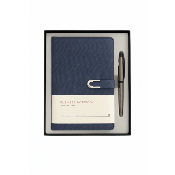 Kumaş Mıknatıs Kapaklı Kalemli Ajanda Günlük Not Defteri Notebook Mavi