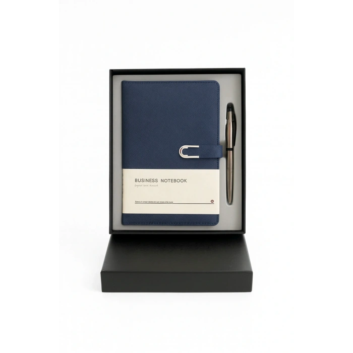 Kumaş Mıknatıs Kapaklı Kalemli Ajanda Günlük Not Defteri Notebook Mavi