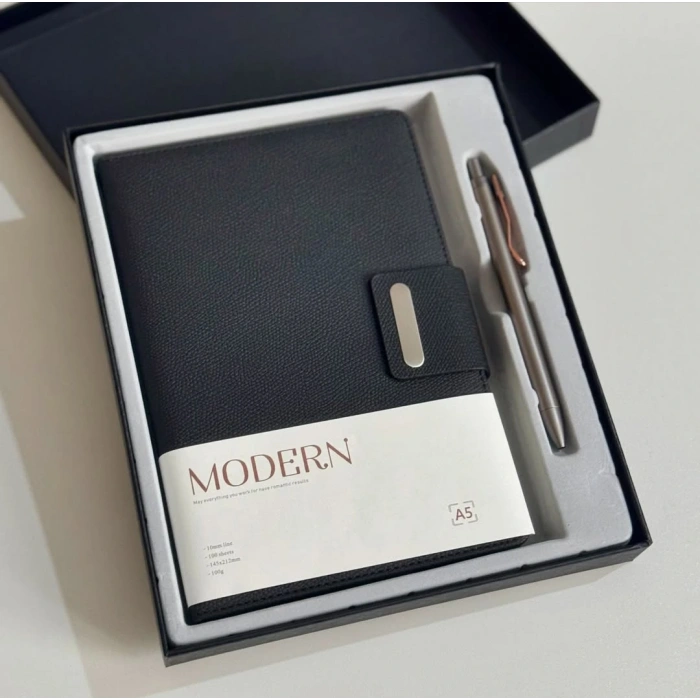 Mıknatıs Kapaklı Kalemli Ajanda Günlük Not Defteri Notebook Siyah