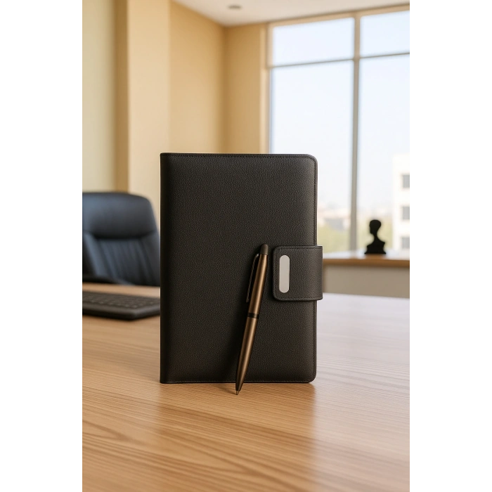 Mıknatıs Kapaklı Kalemli Ajanda Günlük Not Defteri Notebook Siyah