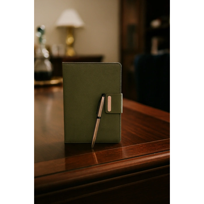 Mıknatıs Kapaklı Kalemli Ajanda Günlük Not Defteri Notebook Yeşil