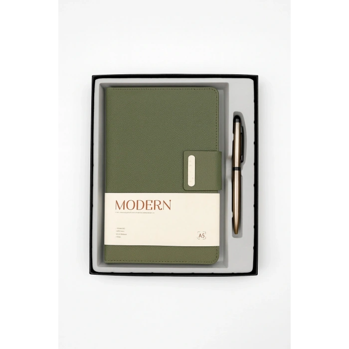 Mıknatıs Kapaklı Kalemli Ajanda Günlük Not Defteri Notebook Yeşil