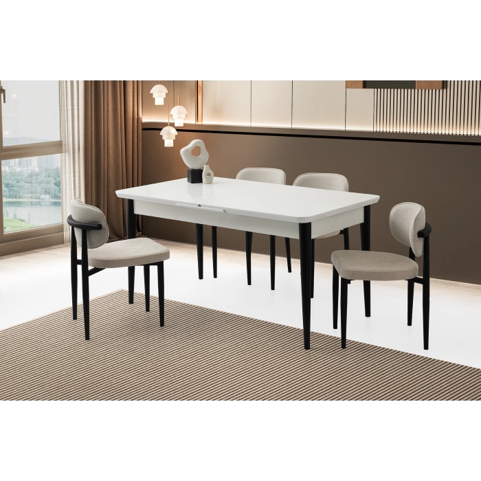 Ortadan Açılır Büyüyen 60x100cm Beyaz Ahşap Salon Yemek Masa Bej Sandalye Takımı 4 Sandalyeli