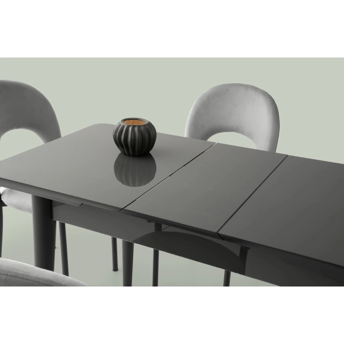 Ortadan Açılır Büyüyen 70x120cm Gümüş Gri Ahşap Salon Yemek Masa Gri Sandalye Takımı 4 Sandalyeli