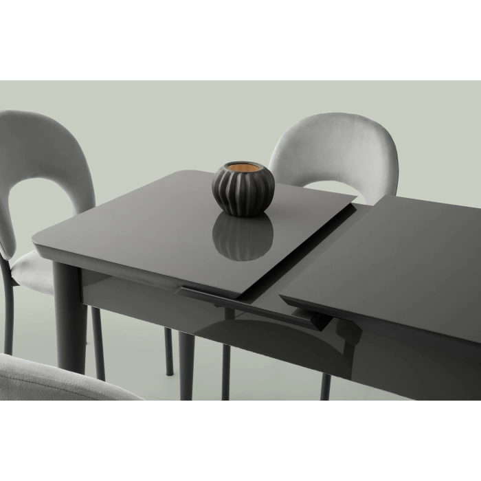 Ortadan Açılır Büyüyen 70x120cm Gümüş Gri Ahşap Salon Yemek Masa Gri Sandalye Takımı 4 Sandalyeli