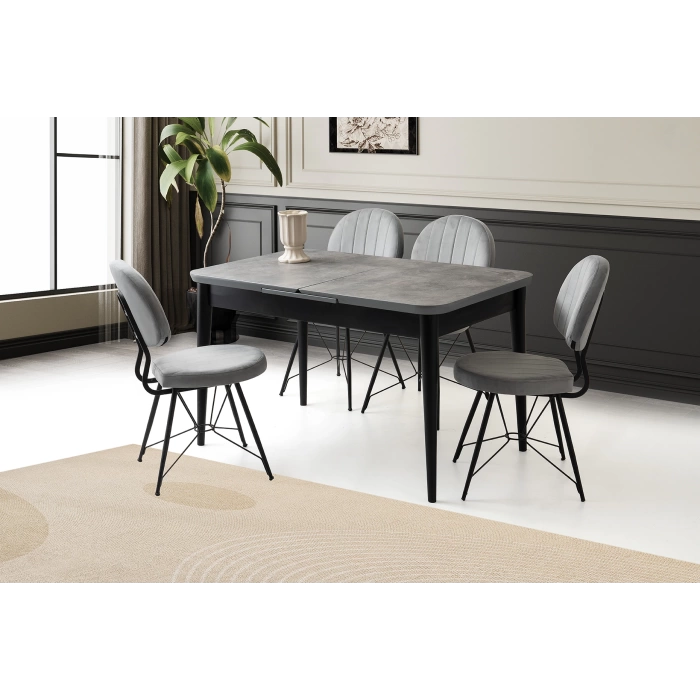 Ortadan Açılır Büyüyen 70x120cm Gümüş Gri Ahşap Salon Yemek Masa Gri Sandalye Takımı 4 Sandalyeli