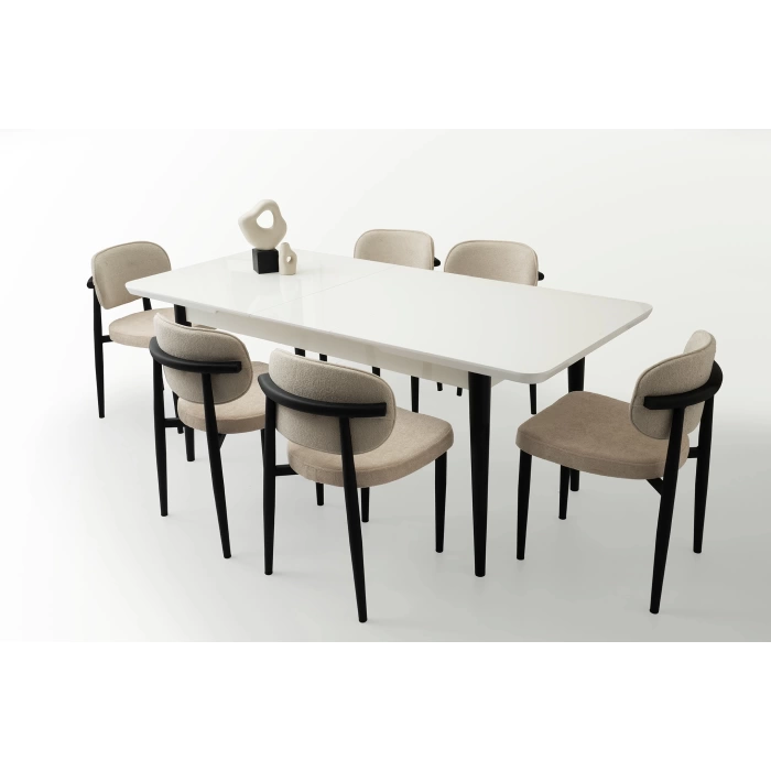 Ortadan Açılır Büyüyen 90x160cm Beyaz Ahşap Salon Yemek Masa Krem Sandalye Takımı 6 Siesta Sandalyeli