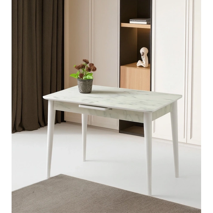 Ortadan Açılır Büyüyen Parlak Ahşap Yemek Masası Mermer Desenli 90x140cm SADECE MASA FİYATIDIR