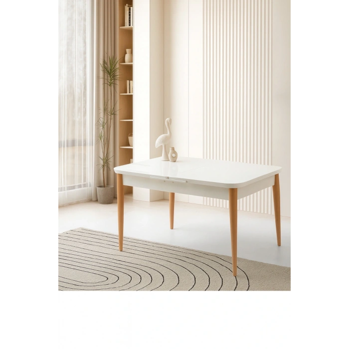 Ortadan Açılır Büyüyen Yemek Masası Beyaz-Naturel Ayaklı 70x120cm