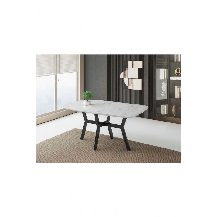 Parlak Ahşap Sabit Yemek Masası Marmo Desenli 90x160cm