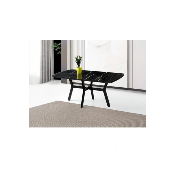 Parlak Ahşap Sabit Yemek Masası Siyah Mermer Desenli 90x160cm SADECE MASA FİYATIDIR