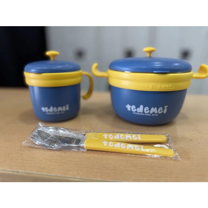 Paslanmaz Çelik Sızdırmaz Çatal ve Kaşıklı Saklama Kabı Beslenme Kabı 260-500 ML Mavi İthal Ürün