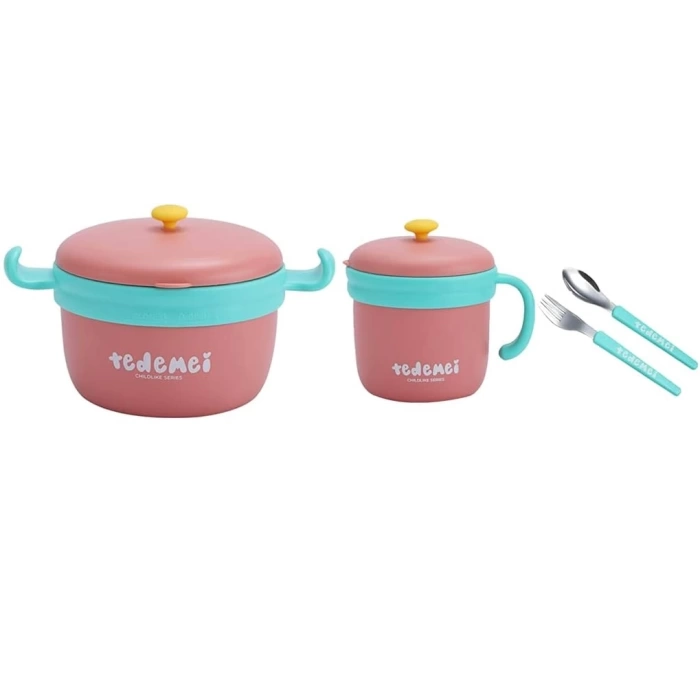 Paslanmaz Çelik Sızdırmaz Çatal ve Kaşıklı Saklama Kabı Beslenme Kabı 260-500 ML Pembe İthal Ürün