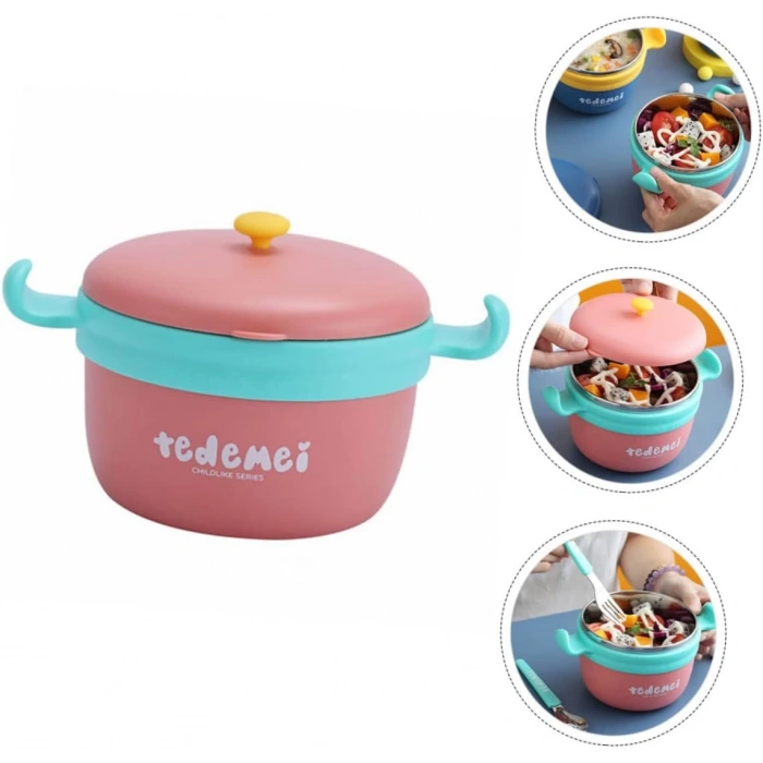 Paslanmaz Çelik Sızdırmaz Çatal ve Kaşıklı Saklama Kabı Beslenme Kabı 260-500 ML Pembe İthal Ürün