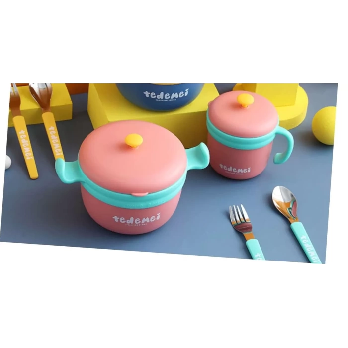 Paslanmaz Çelik Sızdırmaz Çatal ve Kaşıklı Saklama Kabı Beslenme Kabı 260-500 ML Pembe İthal Ürün
