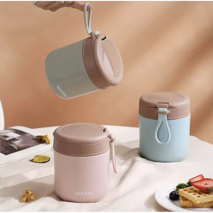 Paslanmaz Çelik Sızdırmaz Kaşıklı Saklama Kabı Beslenme Kabı 430 ML Pembe İthal Ürün