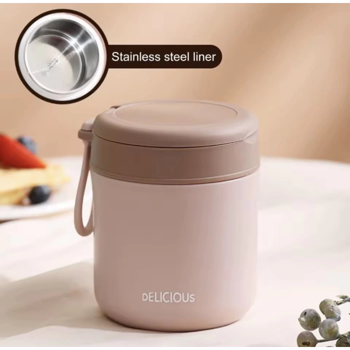 Paslanmaz Çelik Sızdırmaz Kaşıklı Saklama Kabı Beslenme Kabı 430 ML Pembe İthal Ürün