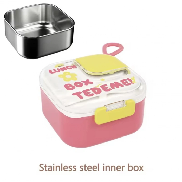 Paslanmaz Çelik Sızdırmaz Kaşıklı Saklama Kabı Beslenme Kabı 600 ML. Pembe İthal Ürün