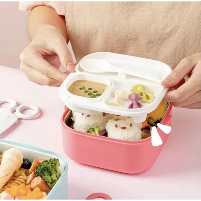 Paslanmaz Çelik Sızdırmaz Kaşıklı Saklama Kabı Beslenme Kabı 600 ML. Pembe İthal Ürün