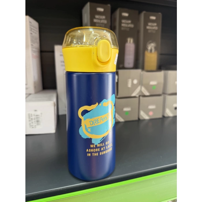 Paslanmaz Çelik Termos Su Şişesi 350ml Vakumlu Pipetli Mavi İthal Ürün