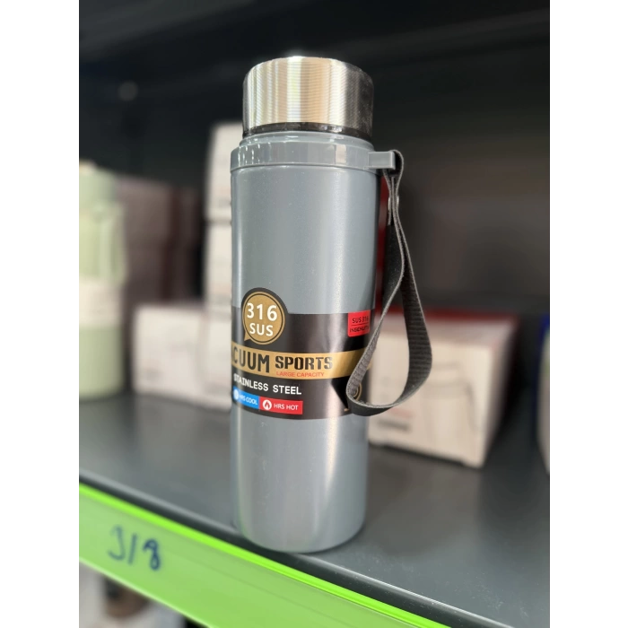 Paslanmaz Çelik Termos Su Şişesi 600ml Vakumlu Kapak Gri İthal Ürün