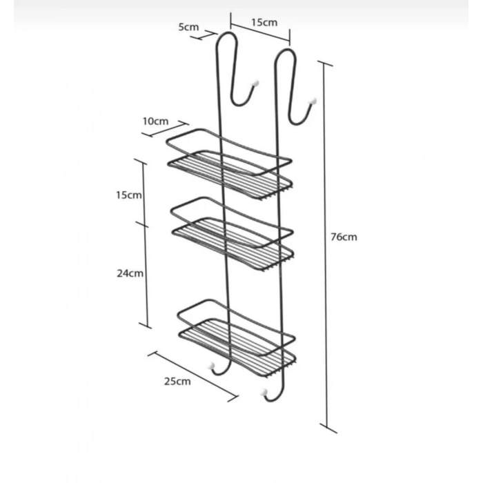 Paslanmaz Duşakabin Banyo Rafı Şampuanlık 3 Katlı Askılı Siyah
