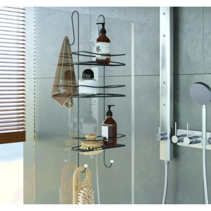 Paslanmaz Duşakabin Banyo Rafı Şampuanlık 3 Katlı Askılı Siyah