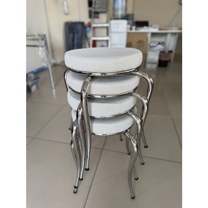 Paslanmaz Krom Ayaklı Beyaz Kumaş Tabure 4 Adet