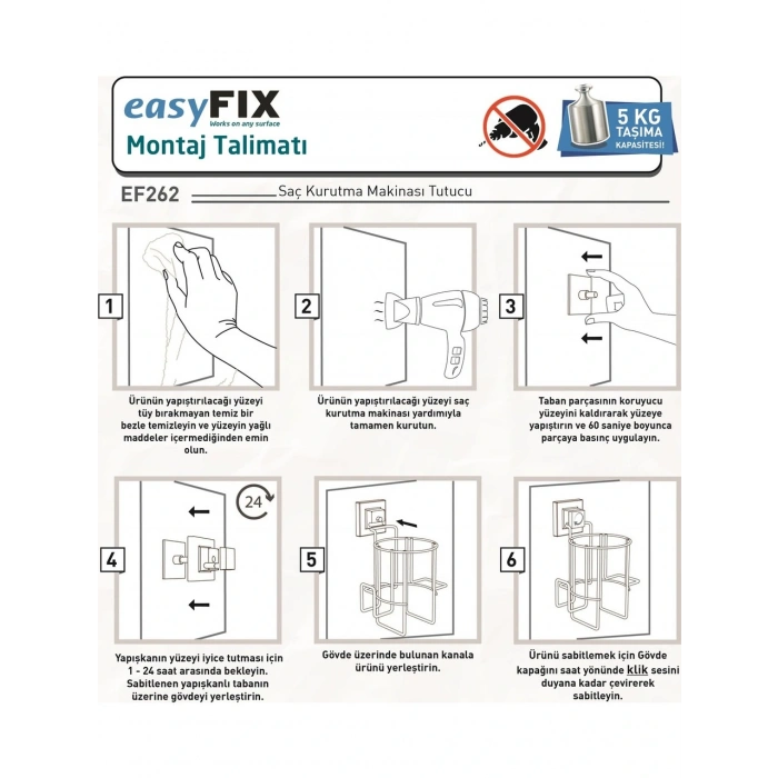 Saç Kurutmalık Askısı Paslanmaz EasyFix Yapışkanlı Siyah