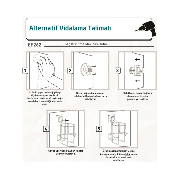 Saç Kurutmalık Askısı Paslanmaz EasyFix Yapışkanlı Siyah