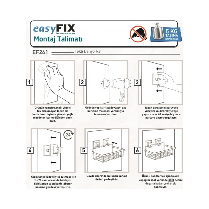 Tek Katlı Banyo Rafı Paslanmaz Siyah EasyFix