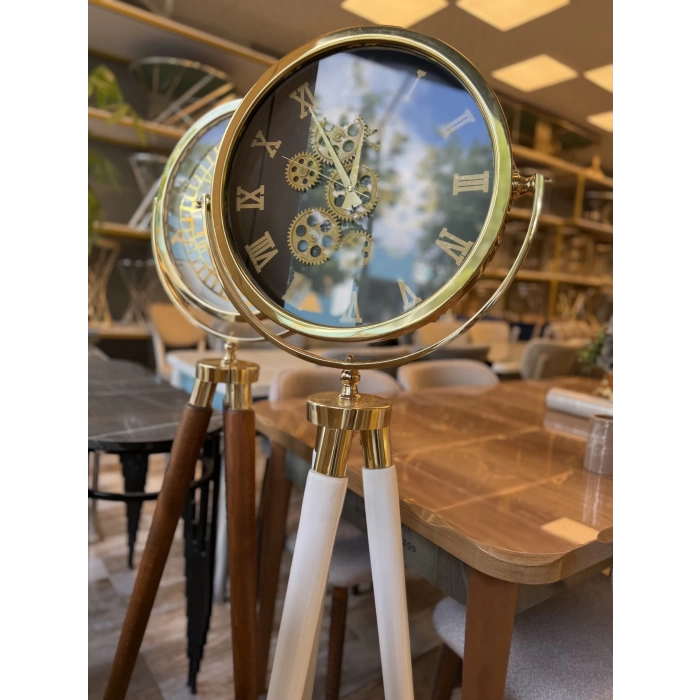 Tripod Ayaklı Dekoratif Saat Çarklı Gold-Beyaz