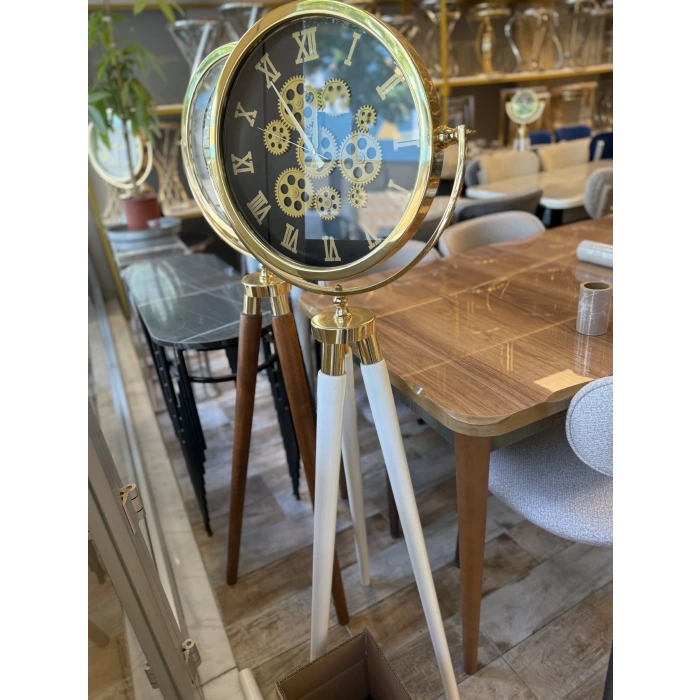 Tripod Ayaklı Dekoratif Saat Çarklı Gold-Beyaz