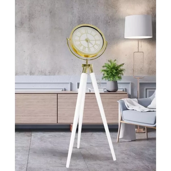 Tripod Ayaklı Dekoratif Saat Roma Rakamlı Beyaz-Gold Kaplama