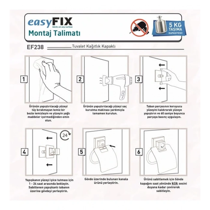 Tuvalet Kağıdı Askısı Kapaklı Yapışkanlı EasyFix Siyah