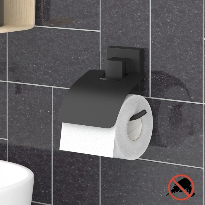 Tuvalet Kağıdı Askısı Kapaklı Yapışkanlı EasyFix Siyah