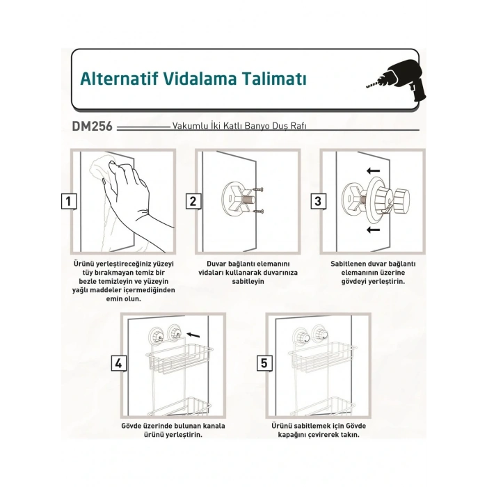 Vakumlu Banyo Duvar Rafı Şampuanlık 2 Katlı Siyah