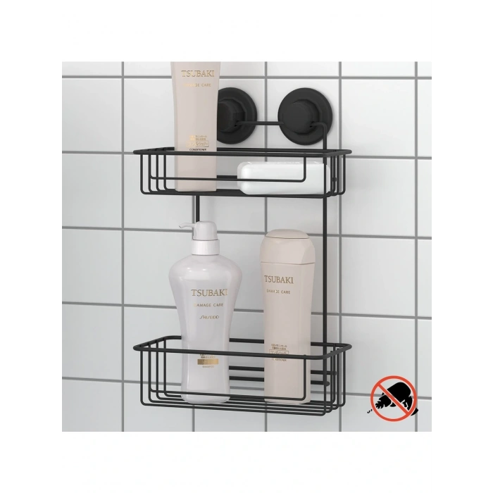 Vakumlu Banyo Duvar Rafı Şampuanlık 2 Katlı Siyah