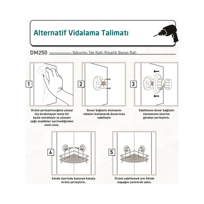 Vakumlu Banyo Duvar Rafı Şampuanlık Kancalı Köşe Rafı Siyah